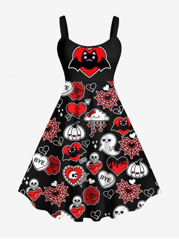 Plus Size Halloween Cat Bat Pumpkin Spider Web Heart Cloud Flower Print Tank Dress - BLACK - XS