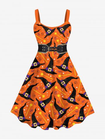 Plus Size Halloween Hat Magic Wand Belt 3D Print Tank Dress - ORANGE - 4X