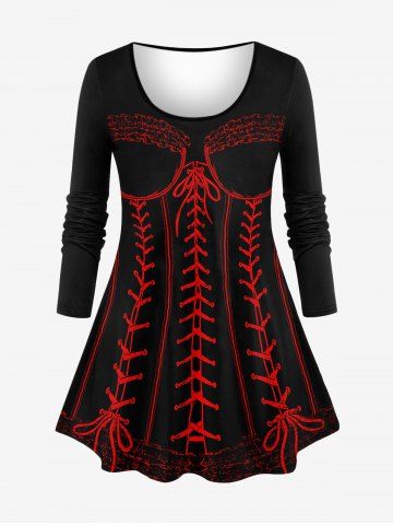 Plus Size 3D Lace Up Ruffles Print Long Sleeves T-shirt - RED - M