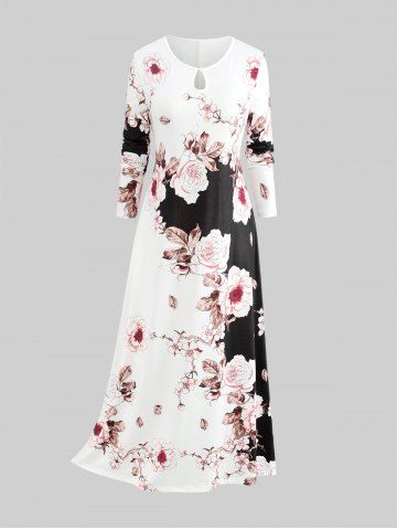 Plus Size Flower Leaf Colorblock Print Dress - BLACK - 3XL