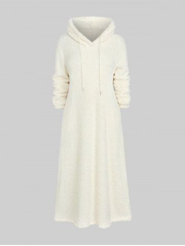 Plus Size Solid Color Pockets Warm Fleece Drawstring Hooded Dress