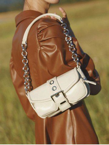 Retro Solid Color Circular Ring Design Chain Shoulder Bag - WHITE