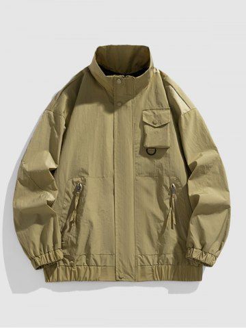 Men's Stand Collar Drop Shoulder Pocket Zip Up Button Up Waterproof Windbreaker Jacket - ARMY GREEN - XL