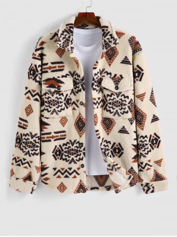 Ethnic Aztec Geo Printed Polar Fleece Fluffy Shacket - LIGHT COFFEE - XL