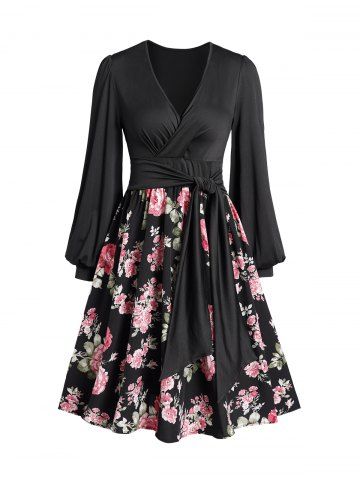 Flower Print Self Belted V Neck Lantern Sleeve A Line Casual Dress - BLACK - L