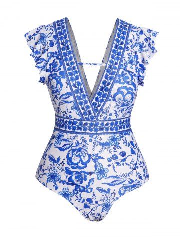 Porcelain Print One-size Swimsuit Plunging Neck Ruffle Beach Vacation Swimwear - BLUE - S