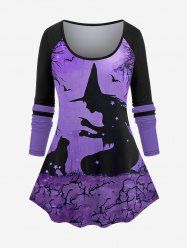 Plus Size Wizard Cat Bat Tree Print Striped Raglan Sleeves Halloween T-shirt -  