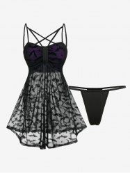 Plus Size Bat Moon Star Printed Mesh See Thru Ruched Crisscross Strappy Halloween Babydoll Set -  