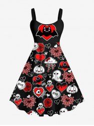Plus Size Halloween Cat Bat Pumpkin Spider Web Heart Cloud Flower Print Tank Dress -  