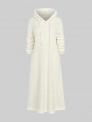Plus Size Solid Color Pockets Warm Fleece Drawstring Hooded Dress -  