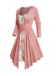 Flower Print Panel Crossover Tie Bowknot Mini Faux Twinset Dress -  