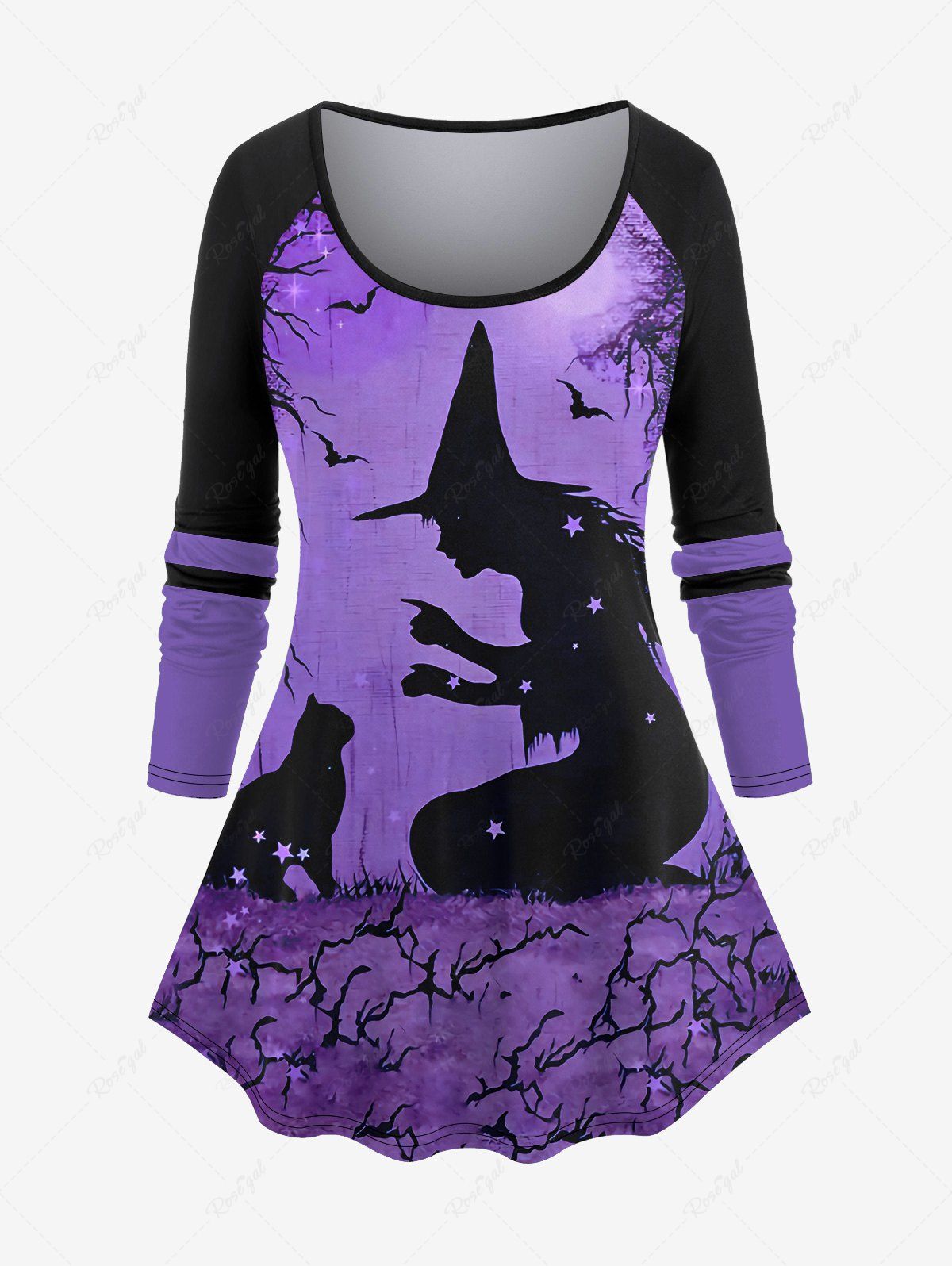 Unique Plus Size Wizard Cat Bat Tree Print Striped Raglan Sleeves Halloween T-shirt  