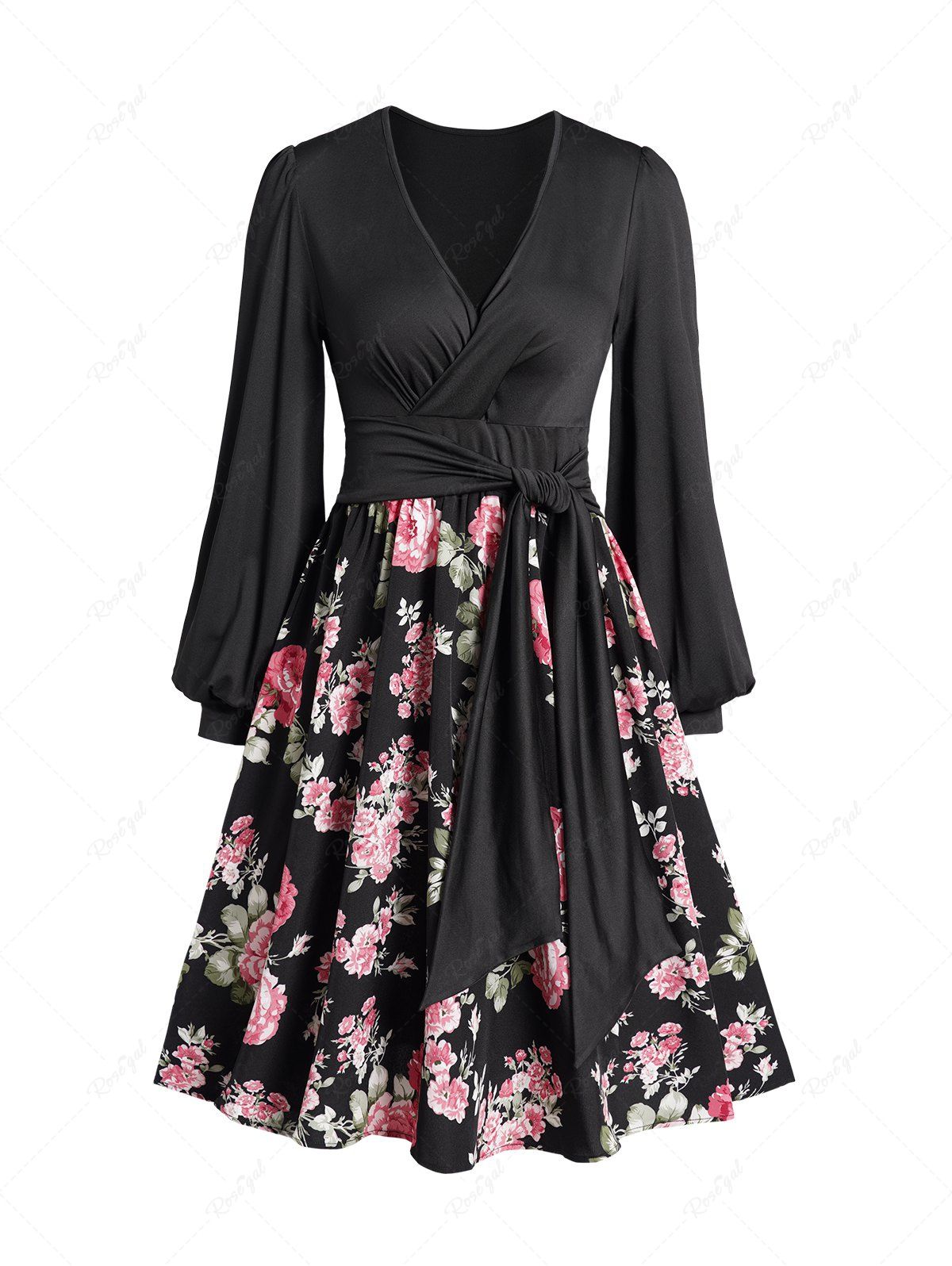 Robe Décontractée Ceinturée Fleur Imprimée Manches Lanternes à Col V Noir XXL