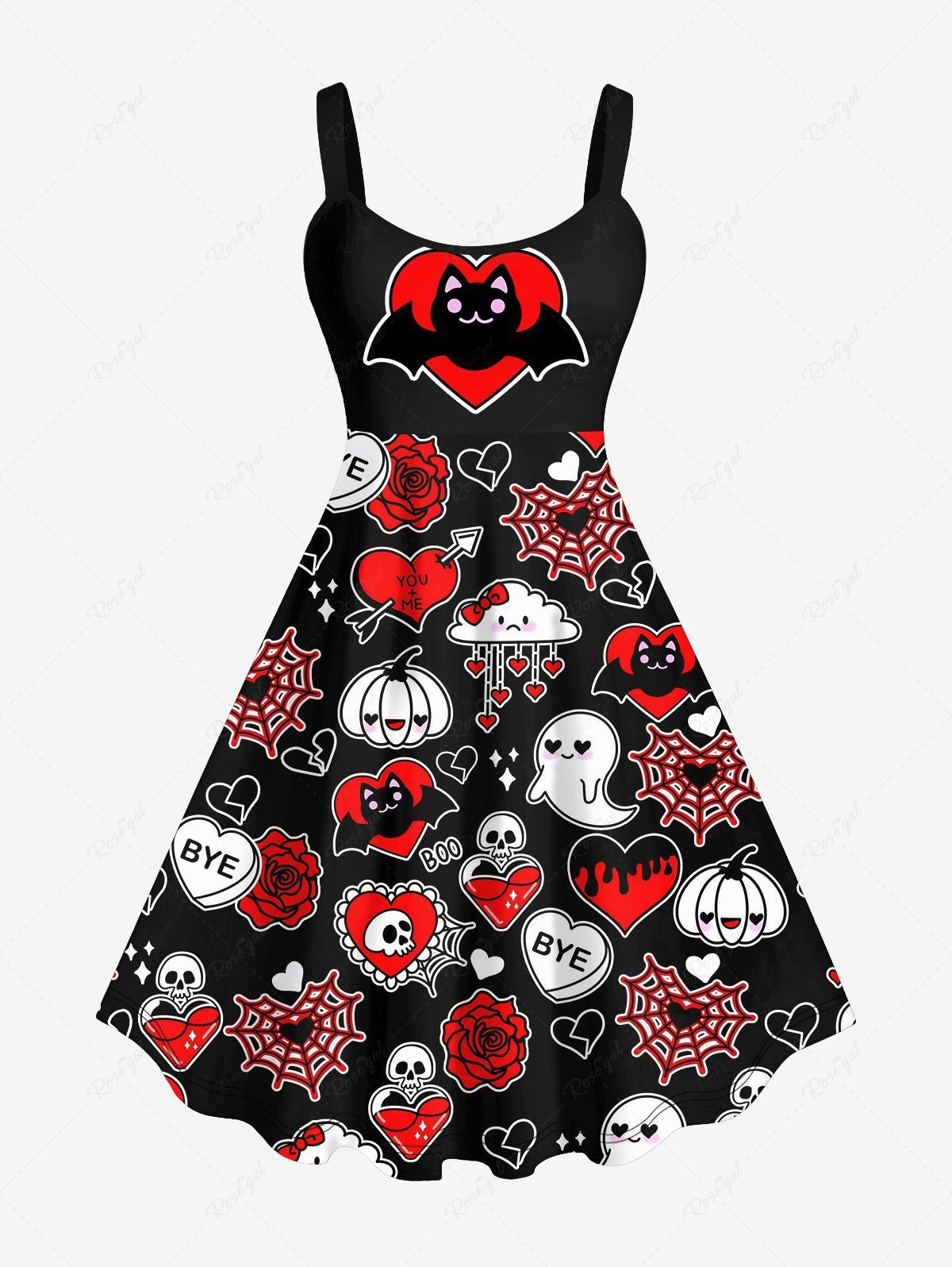 Robe D'Halloween Chat Citrouille et Chauve-souris Imprimés Grande Taille Noir 6X