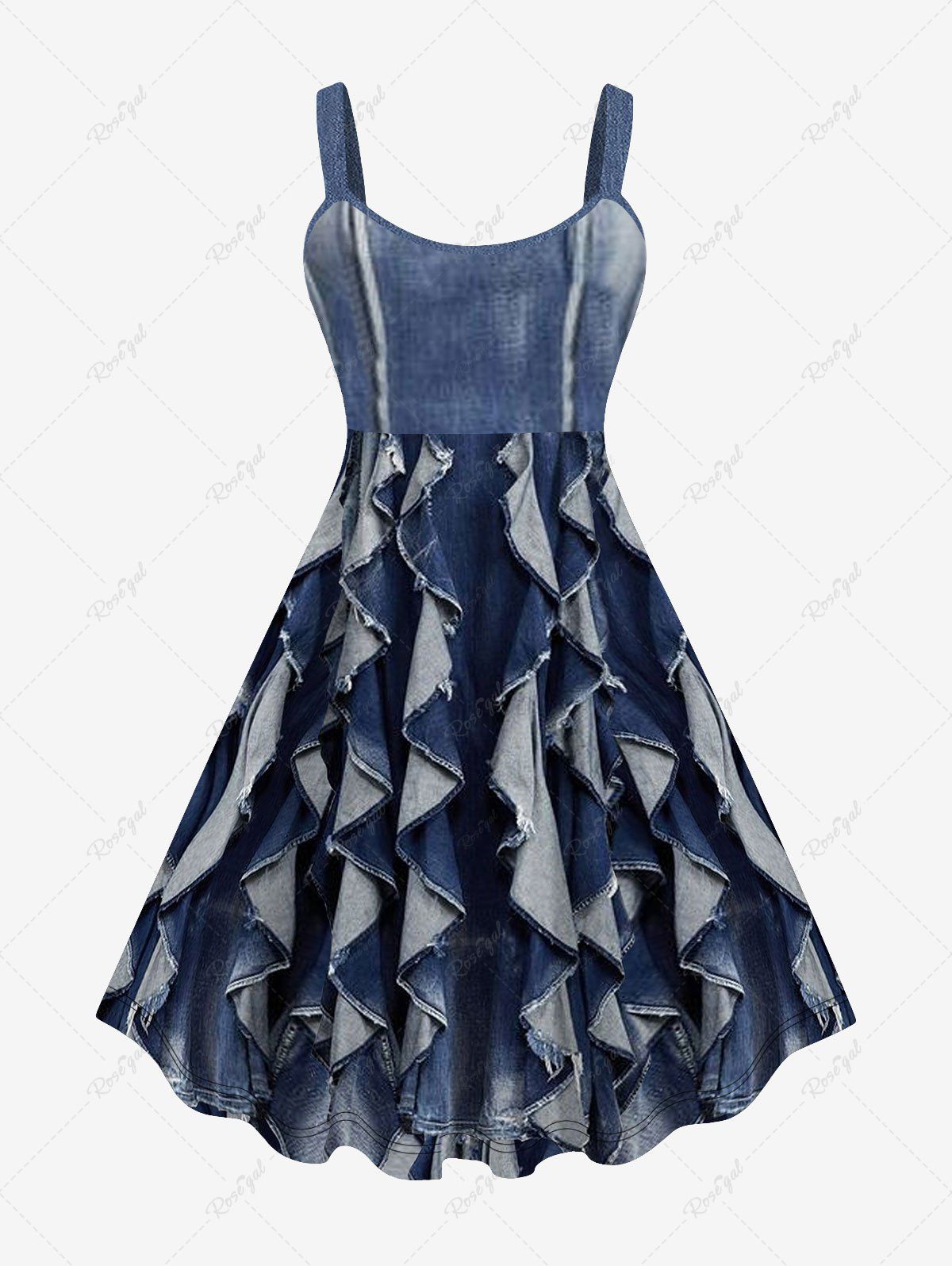 Buy Plus Size Denim Rag Ruffles 3D Print Tank Dress  