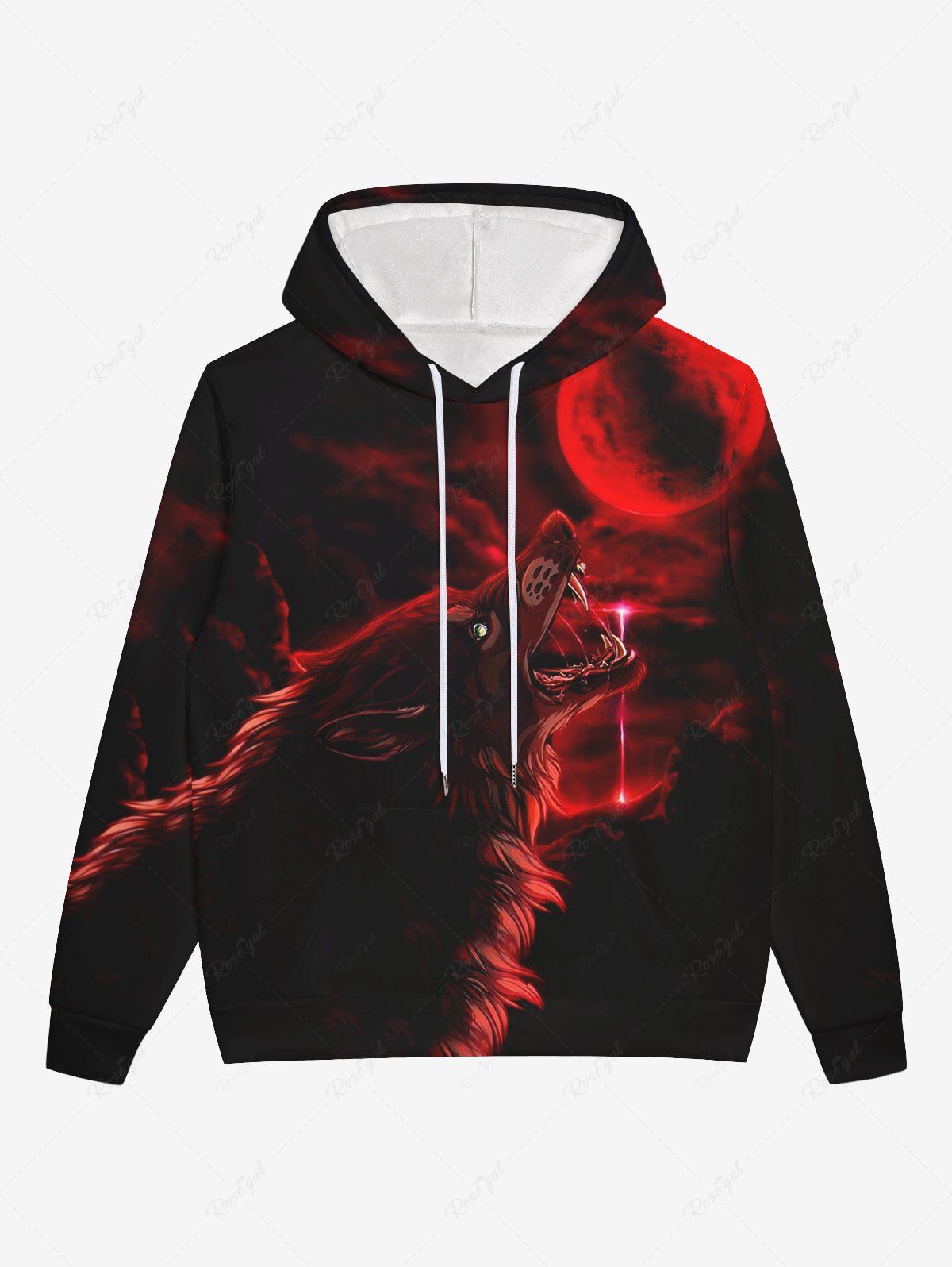 Outfits Gothic Halloween Wolf Moon Glitter Print Drawstring Hoodie For Men  