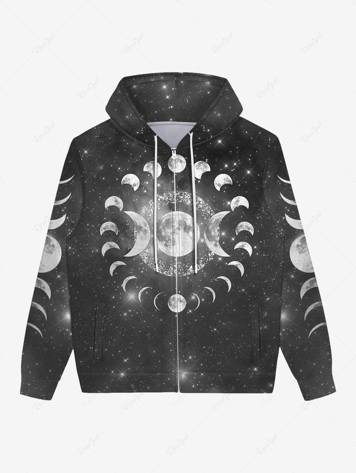 Trendy Gothic Galaxy Moon Glitter Print Zipper Drawstring Hoodie For Men  
