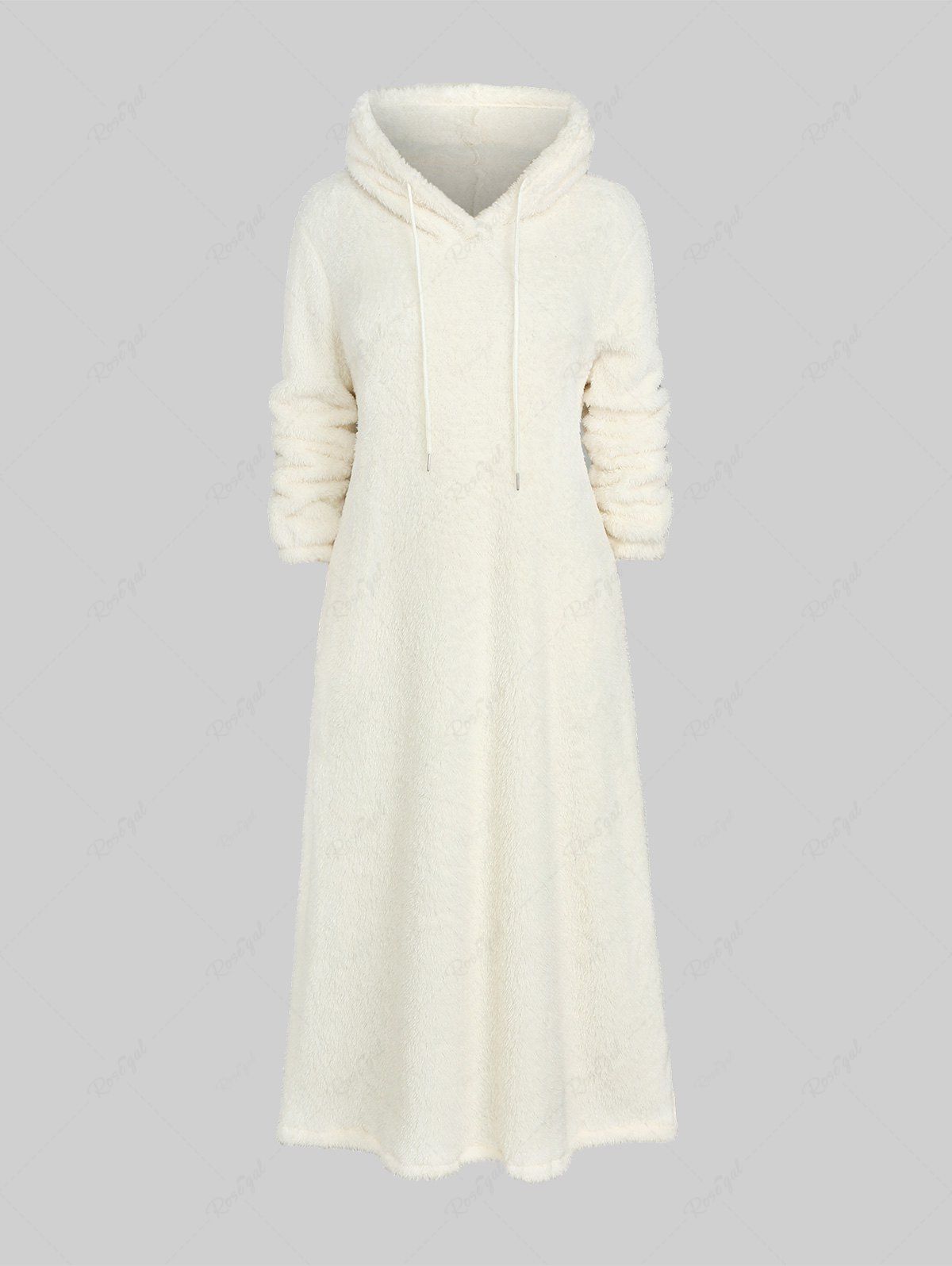 Hot Plus Size Solid Color Pockets Warm Fleece Drawstring Hooded Dress  