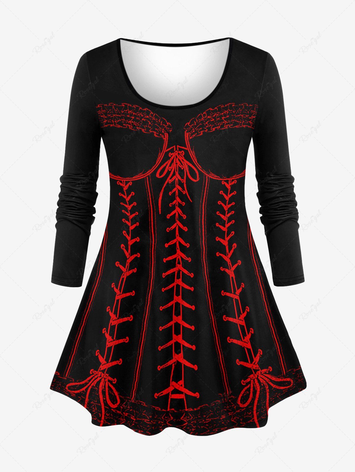 Latest Plus Size 3D Lace Up Ruffles Print Long Sleeves T-shirt  