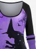 Plus Size Wizard Cat Bat Tree Print Striped Raglan Sleeves Halloween T-shirt -  