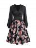 Robe Décontractée Ceinturée Fleur Imprimée Manches Lanternes à Col V - Noir XXL