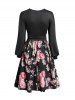 Robe Décontractée Ceinturée Fleur Imprimée Manches Lanternes à Col V - Noir XXL