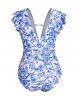 Porcelain Print One-size Swimsuit Plunging Neck Ruffle Beach Vacation Swimwear -  