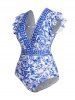 Porcelain Print One-size Swimsuit Plunging Neck Ruffle Beach Vacation Swimwear -  