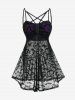 Plus Size Bat Moon Star Printed Mesh See Thru Ruched Crisscross Strappy Halloween Babydoll Set -  