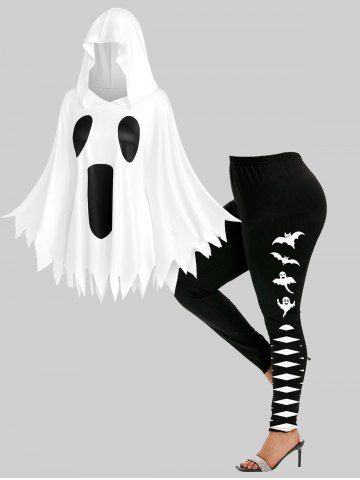 Halloween Ghost Face Print Poncho Shawl Handkerchief Hooded Cape and Bat 3D Print Leggings Plus Size Outfit - WHITE