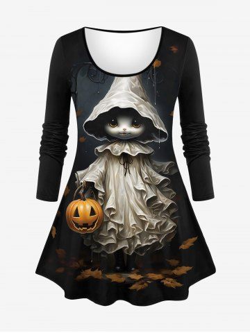T-Shirt à Imprimé Adorables Feuilles Citrouilles et Fantômes D'Halloween Grande-Taille - BLACK - XS