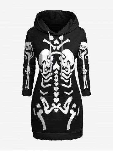 Robe à Capuche D'Halloween Squelette Imprimée Grande Taille avec Poche Kangourou à Cordon - BLACK - L