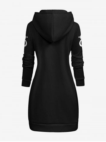 Plus Size Skeleton Print Halloween Kangaroo Pocket Drawstring Hoodie Dress
