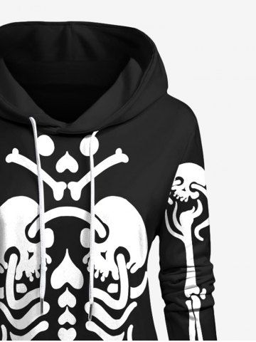 Plus Size Skeleton Print Halloween Kangaroo Pocket Drawstring Hoodie Dress