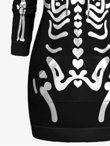 Plus Size Skeleton Print Halloween Kangaroo Pocket Drawstring Hoodie Dress