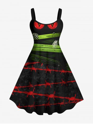 Plus Size 3D Eye Wood Board Skeleton Hand Spider Knot Print Halloween Tank Dress - BLACK - XS
