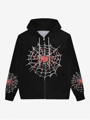 Gothic Spider and Spider-Web Print Halloween Zipper Drawstring Hoodie For Men