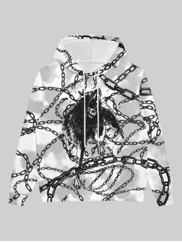 Gothic 3D Chain Wolf Tie Dye Print Drawstring Hoodie For Men - WHITE - XS