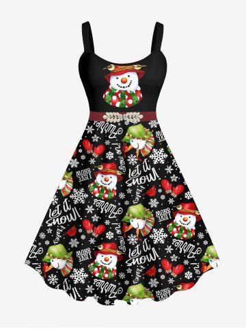 Plus Size Christmas Snowman Letters Gloves Snowflake Print Tank Dress - BLACK - S