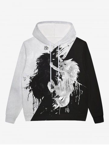 Gothic 3D Wolf Painting Splatter Print Two Tone Drawstring Hoodie For Men