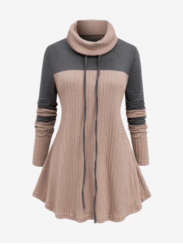 Plus Size Patchwork Cable Knit Drawstring Turtleneck Sweater - LIGHT COFFEE - L