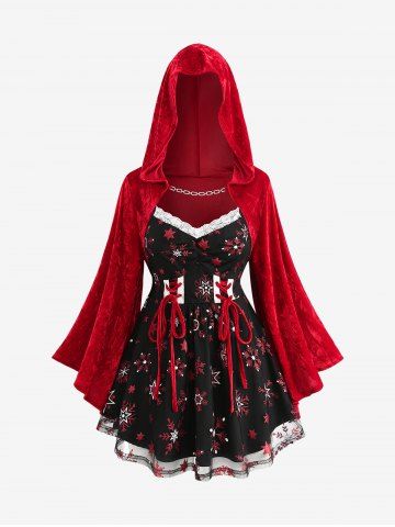 Christmas Plus Size Chain Panel Lace-up Lace Trim Ruched Snowflake Print Hooded T-shirt - RED - M | US 10