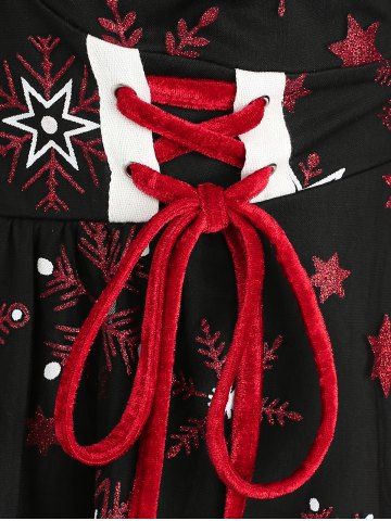 Christmas Plus Size Chain Panel Lace-up Lace Trim Ruched Snowflake Print Hooded T-shirt