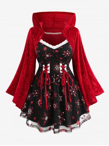 Christmas Plus Size Chain Panel Lace-up Lace Trim Ruched Snowflake Print Hooded T-shirt