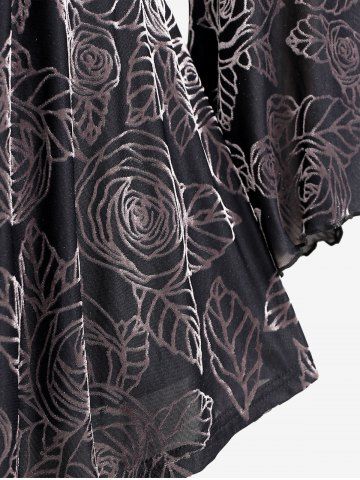 Gothic Plus Size Lace Trim Ruched Lace-up Flower Print Bell Sleeve T-shirt
