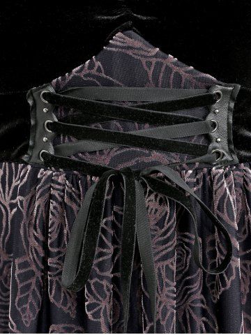 Gothic Plus Size Lace Trim Ruched Lace-up Flower Print Bell Sleeve T-shirt