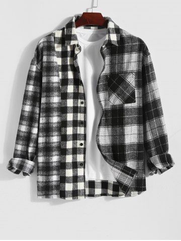Men's Plaid Pattern Front Pocket Button Up Long Sleeves Flannel Shacket - BLACK - L