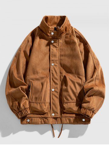Men's Stand Collar Raglan Sleeve Zip Up Button Up Pocket Drawstring Hem Jacket - DEEP COFFEE - 2XL