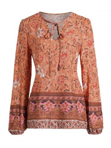 Floral Print Bohemian Tie Front Keyhole Neck Casual Top - ORANGE - M | US 6
