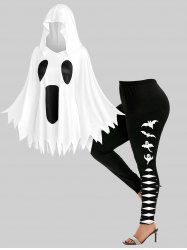 Halloween Costume Ghost Face Print Poncho Shawl Handkerchief Hooded Cape and Bat 3D Print Leggings Plus Size Outfit -  